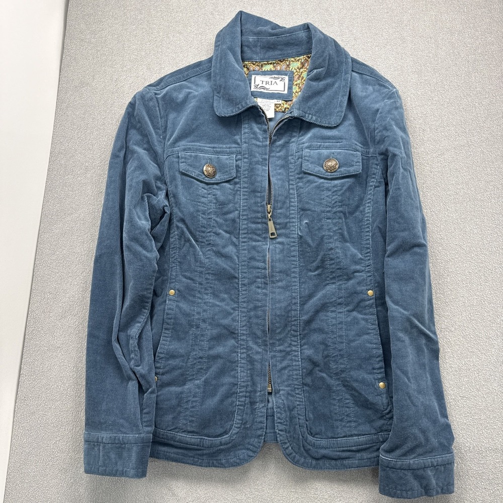 Tria Women's Jacket Size Med Button Up Pleated Long Sleeve Cotton Blend Pockets